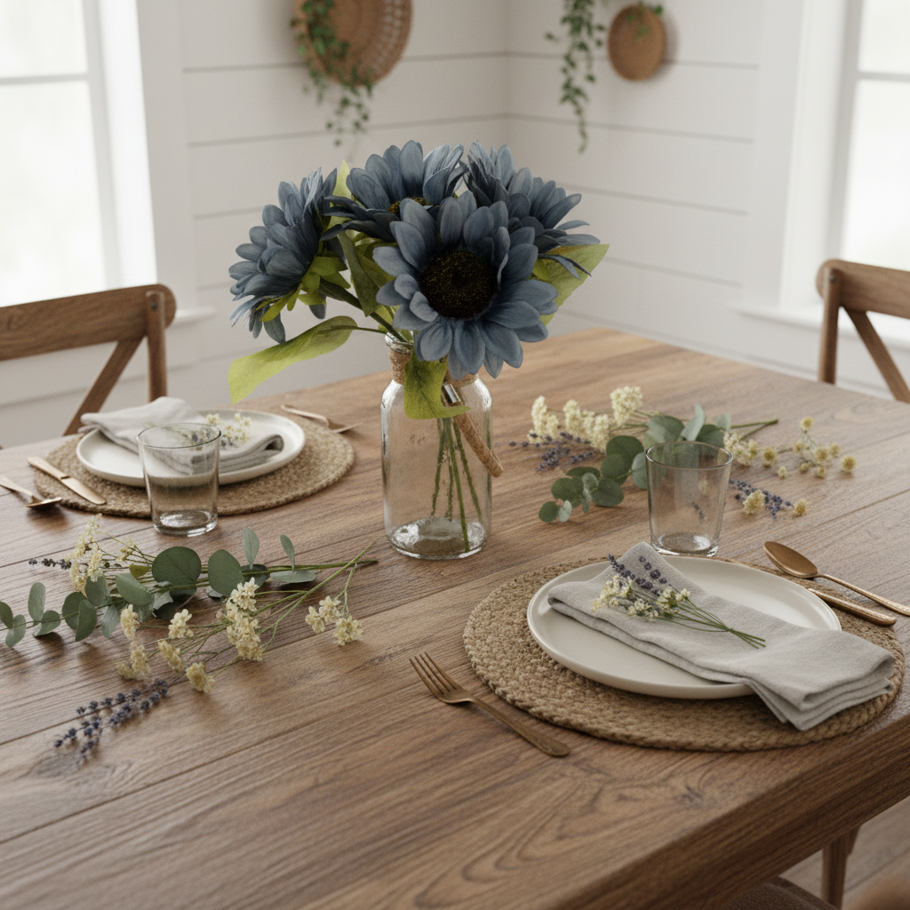 Dusty blue sunflower stems in vintage milk glass vase as dining table centerpiece with linen napkins, rustic farmhouse table setting, wildflower-inspired arrangement