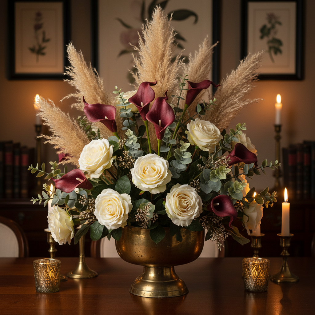 Burgundy faux calla lily stems in an antique brass vessel dining table centerpiece with cream roses, pampas grass, and eucalyptus, dark academia moody candlelit styling