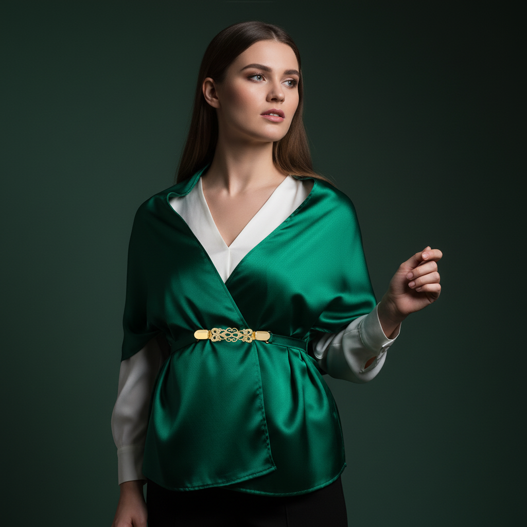 Gold sweater clip holding green satin wild rag scarf as shawl wrap, luxury editorial