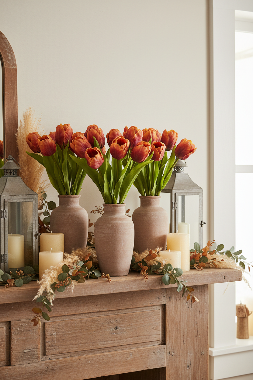 Farmhouse mantel styled with terracotta fringed tulip bundles in earthenware vases with fall greenery