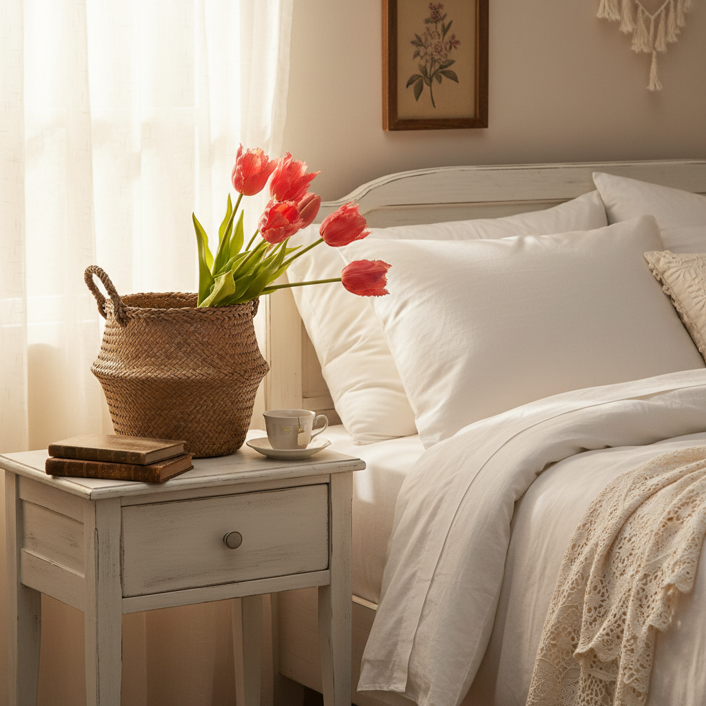 Coral pink tulip bouquet in woven basket on cottage bedroom nightstand - cottagecore decor styling