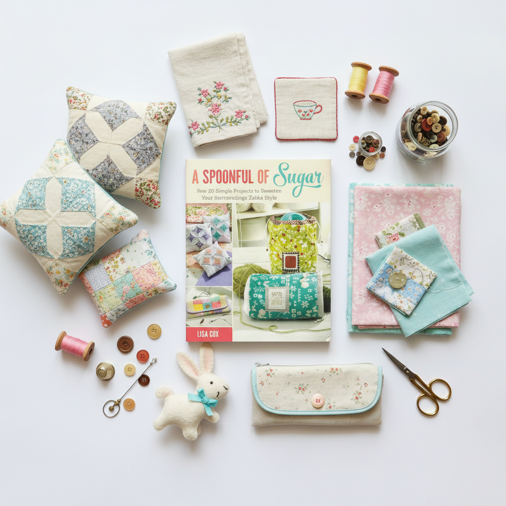Flat lay of A Spoonful Of Sugar book with completed Zakka patchwork pillows and sewing supplies on white background