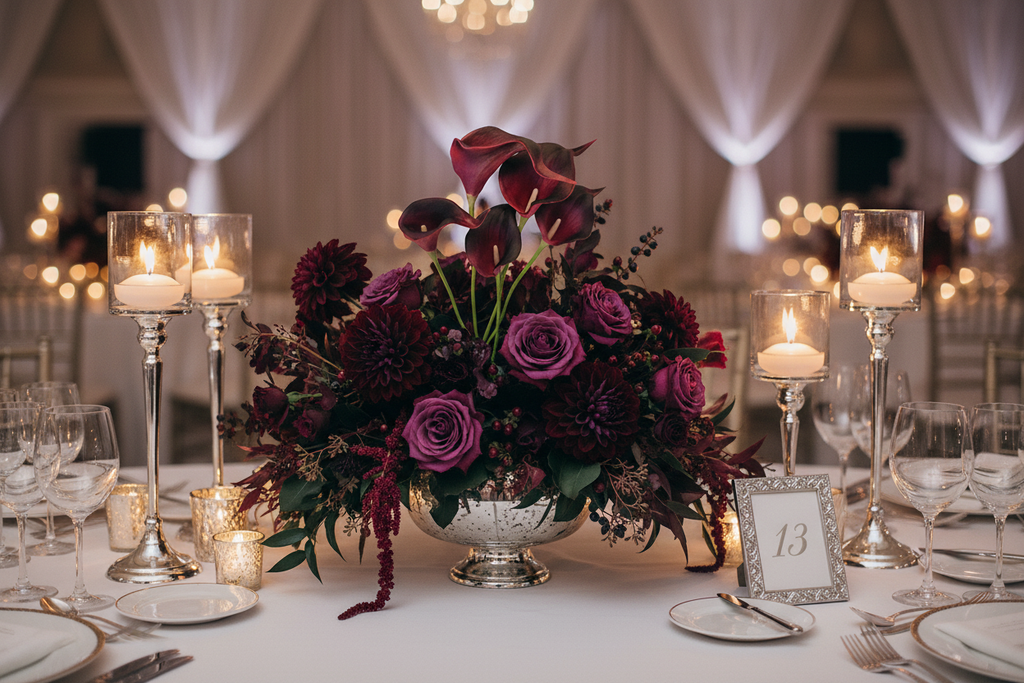 Burgundy artificial calla lily centerpiece on elegant white linen wedding reception table with romantic candlelight and sophisticated event styling