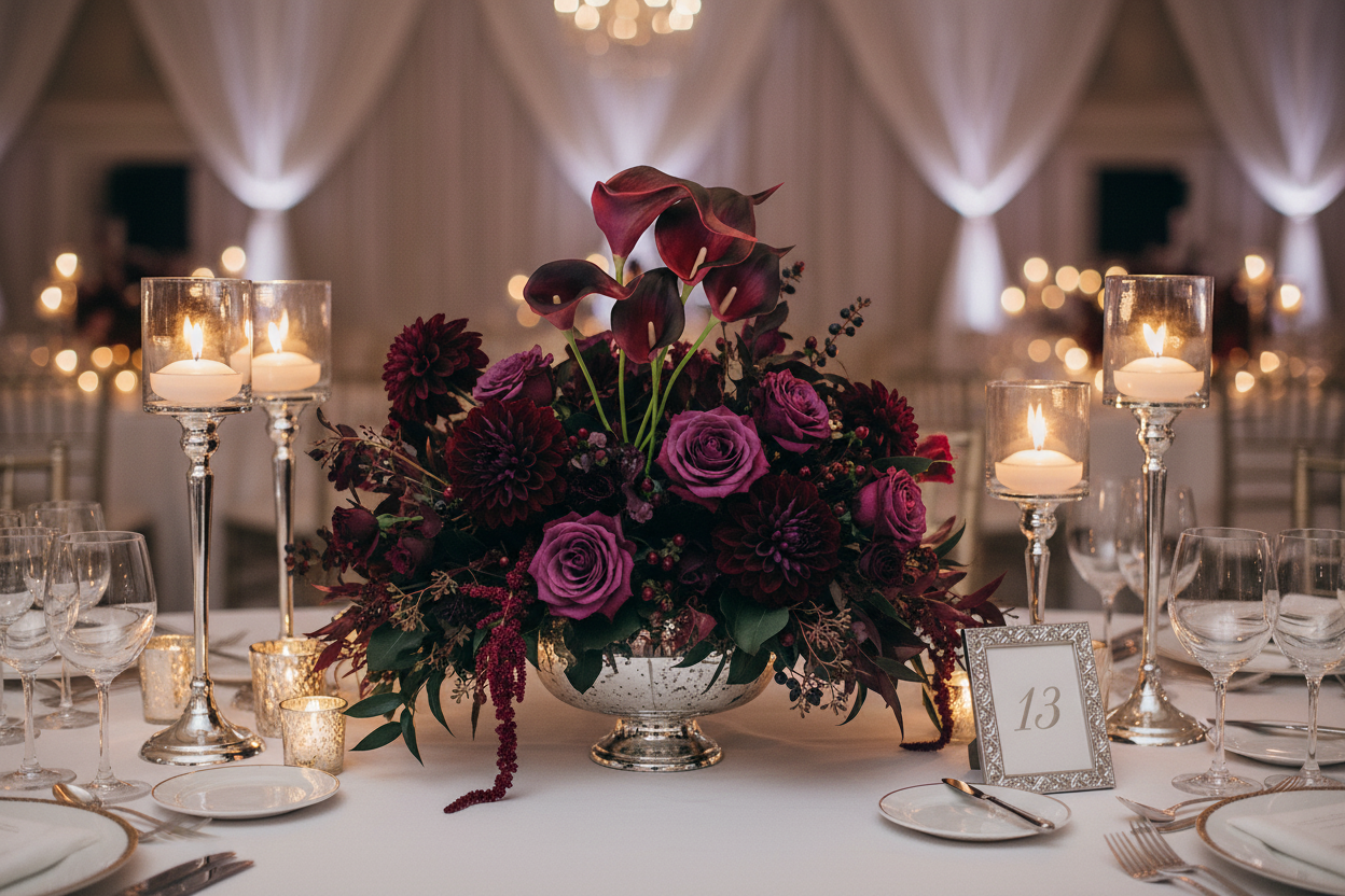 Burgundy artificial calla lily centerpiece on elegant white linen wedding reception table with romantic candlelight and sophisticated event styling