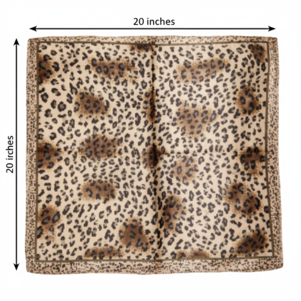 Leopard print satin scarf measurement diagram showing 20x20 inch dimensions