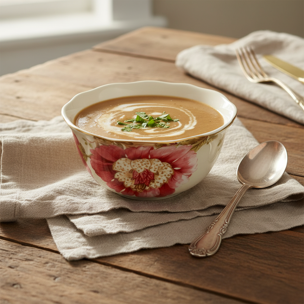 222 Fifth Lutece bowl with soup on farmhouse table with vintage linens