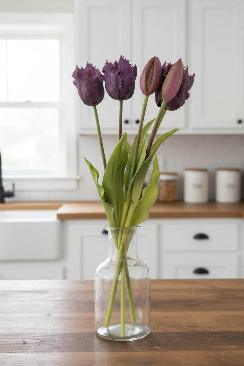 5 plum purple tulip stems in clear glass vase on farmhouse kitchen counter