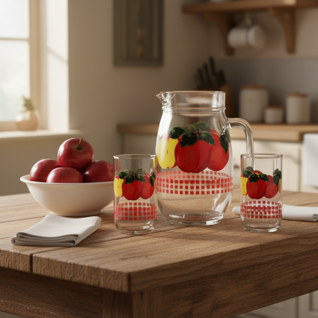 Vintage apple glass pitcher set with red apple motif displayed on rustic farmhouse kitchen table with fresh apples and white linens