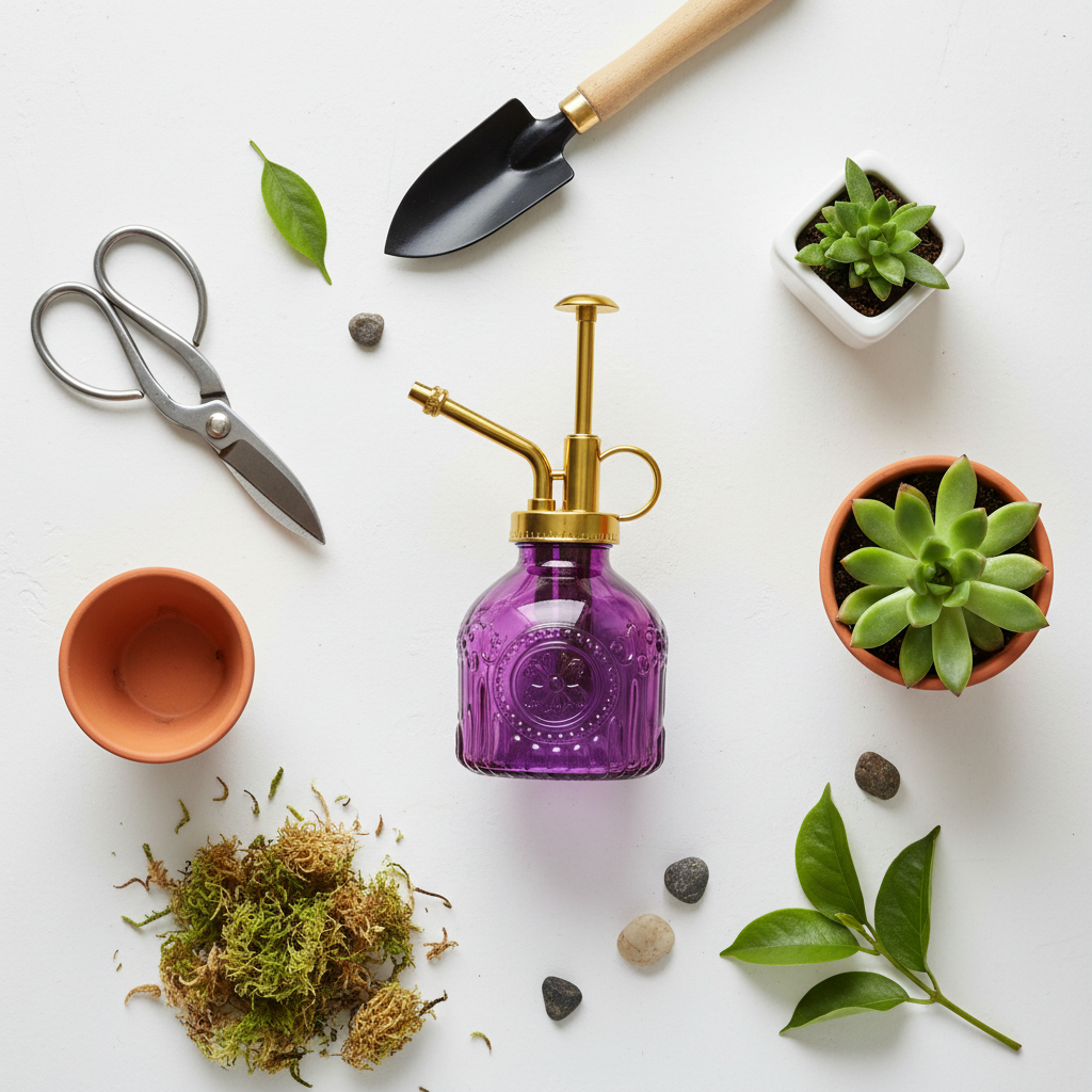 Flat lay of purple glass mister with gold pump surrounded by plant care tools and succulents