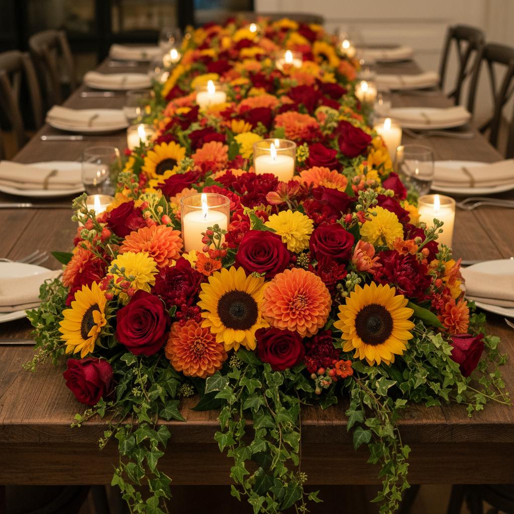 Fresh flower banquet table runner centerpiece using wet floral foam blocks covered in red roses, orange dahlias and yellow sunflowers for fall dinner party