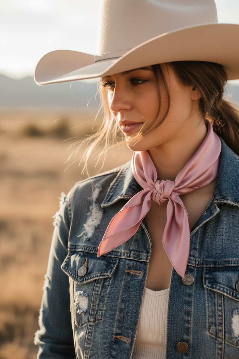Dusty rose wild rag tied as cowboy neck scarf with denim jacket and western hat