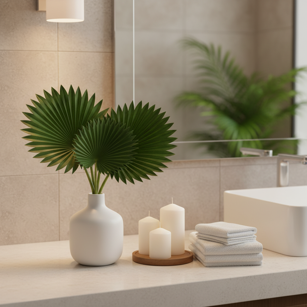 3 artificial fan palm leaves with round pleated fronds arranged in a white ceramic vase on a bathroom countertop with candles and white towels for a tropical spa look