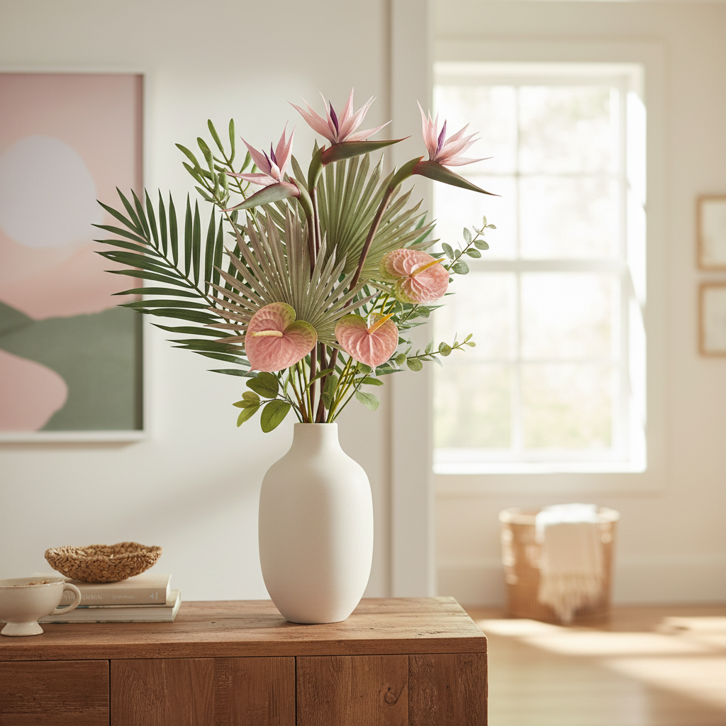 Blush mauve Bird of Paradise artificial stems arranged with pink anthuriums and palm leaves in a modern vase on wooden sideboard