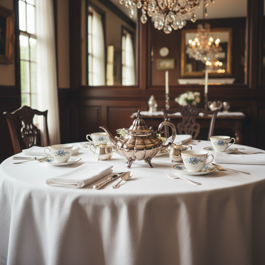Elegant formal dining table setting with vintage Reed & Barton silver plated teapot centerpiece, fine china teacups, white linen tablecloth