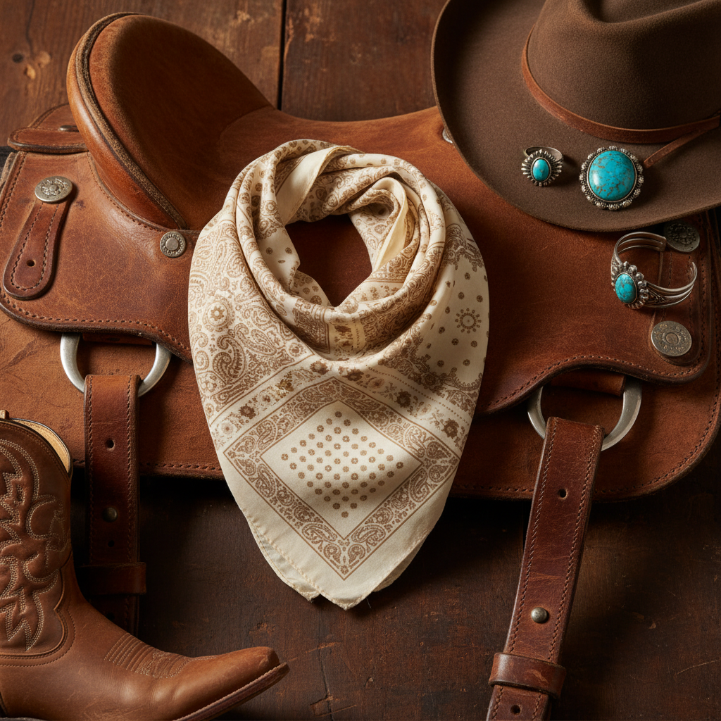 Tan beige paisley bandana styled on vintage saddle leather with cowboy hat and turquoise jewelry