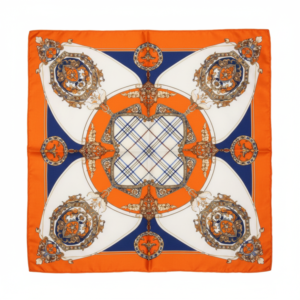 Orange Chain Print Satin Scarf 20x20 Equestrian Chain Medallion Square Scarf with Navy White Gold on White Background