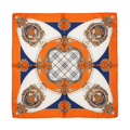 Orange Chain Print Satin Scarf 20x20 Equestrian Chain Medallion Square Scarf with Navy White Gold on White Background