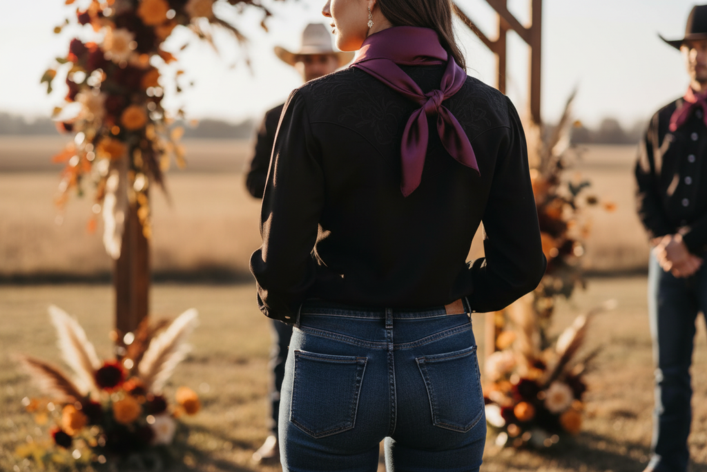 Eggplant purple wild rag tied elegantly at western wedding with fall flowers and black blouse