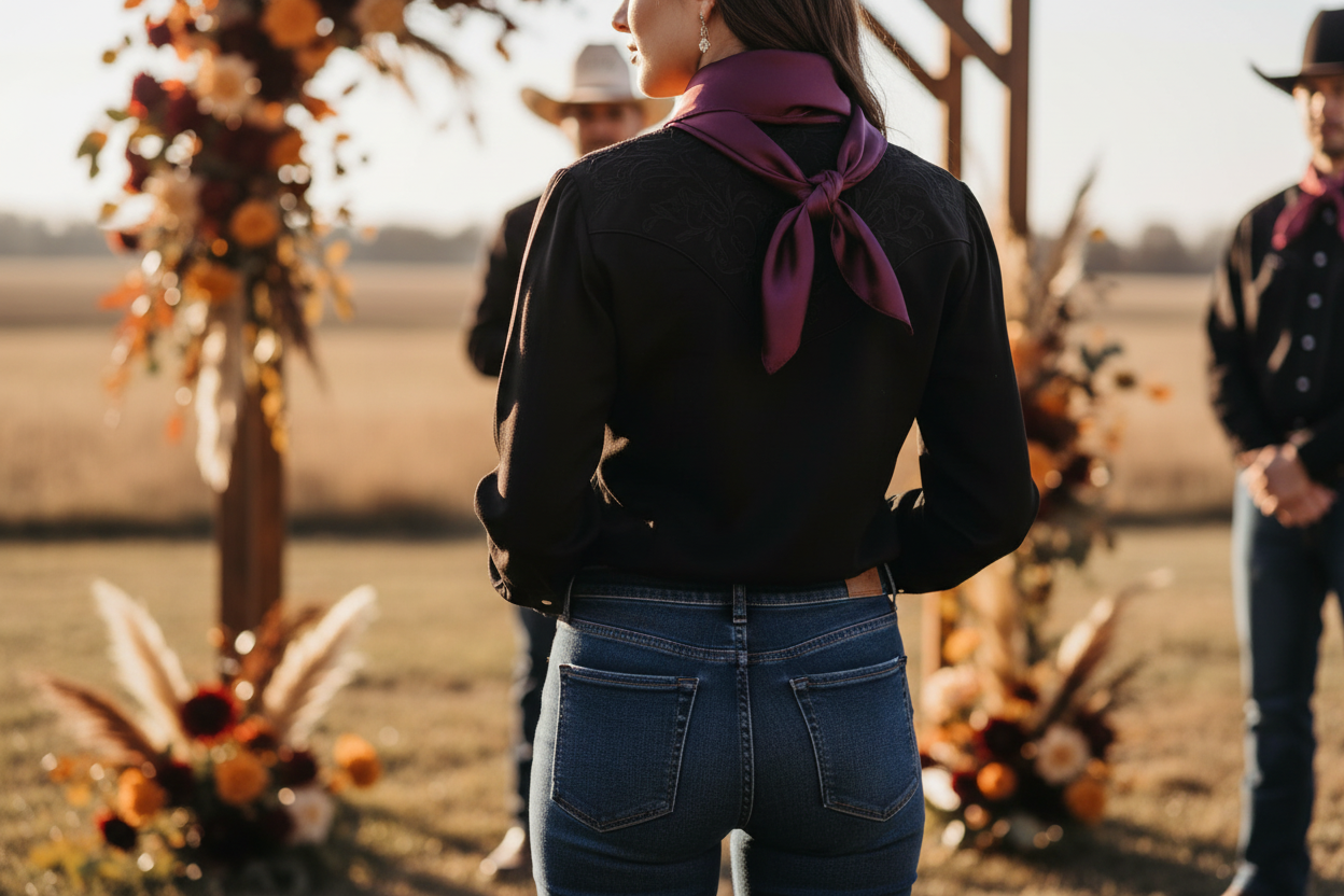 Eggplant purple wild rag tied elegantly at western wedding with fall flowers and black blouse
