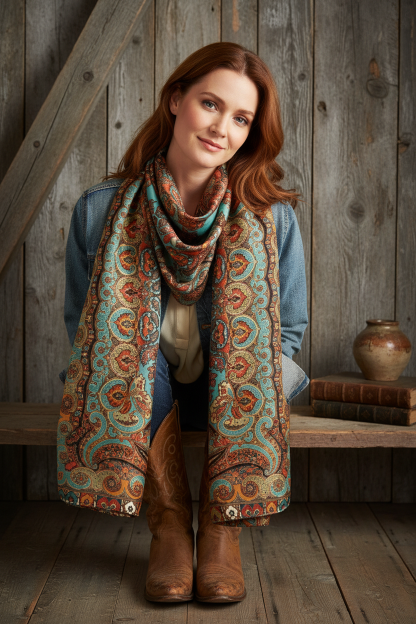 Woman with auburn hair wearing teal paisley satin scarf as western neck scarf over denim jacket, weathered barn wood wall background