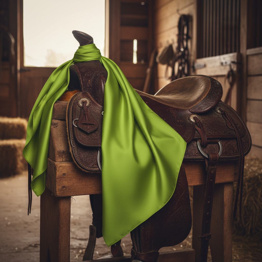 Lime green satin wild rag scarf draped over western saddle showing silk-like texture and drape