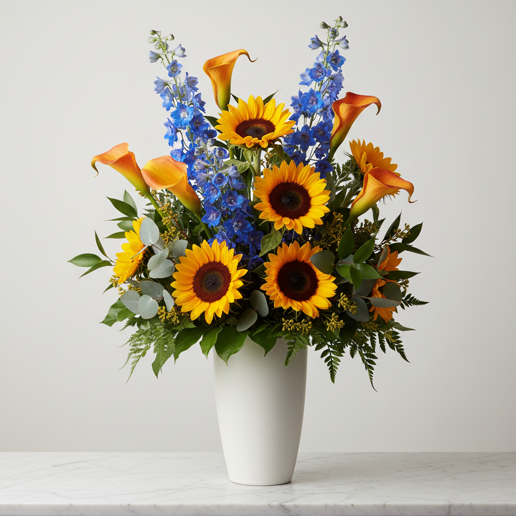 Luxury faux floral arrangement with orange calla lilies yellow sunflowers and blue delphinium in dry matte white ceramic vase on white marble surface no water