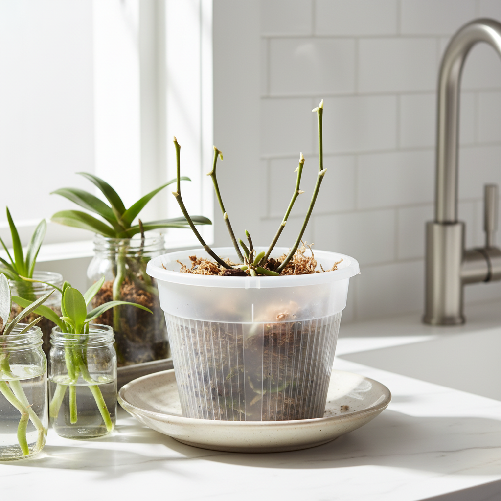 Clear 4 inch slotted orchid pot with open air slits used in a propagation station on a bright kitchen windowsill