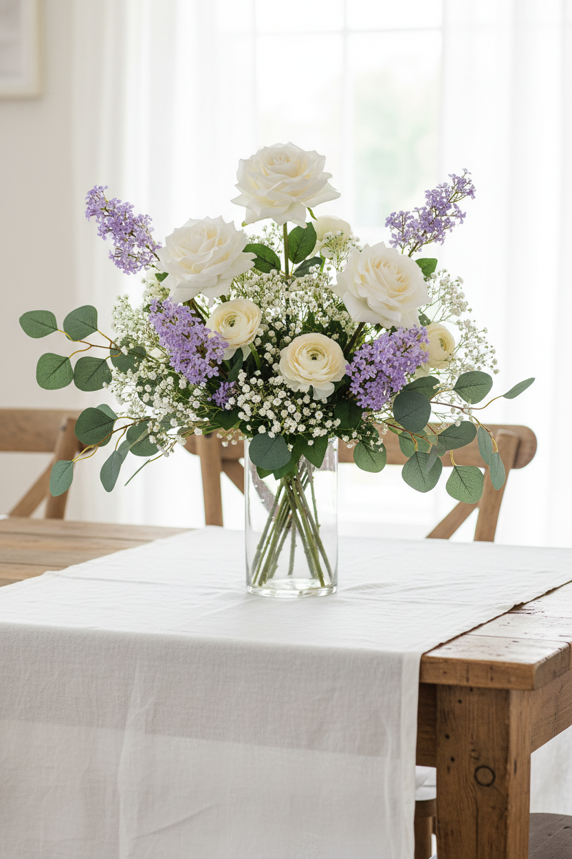 Artificial purple lilac stems arranged with white garden roses and cream ranunculus in clear glass vase on farmhouse dining table with white linen