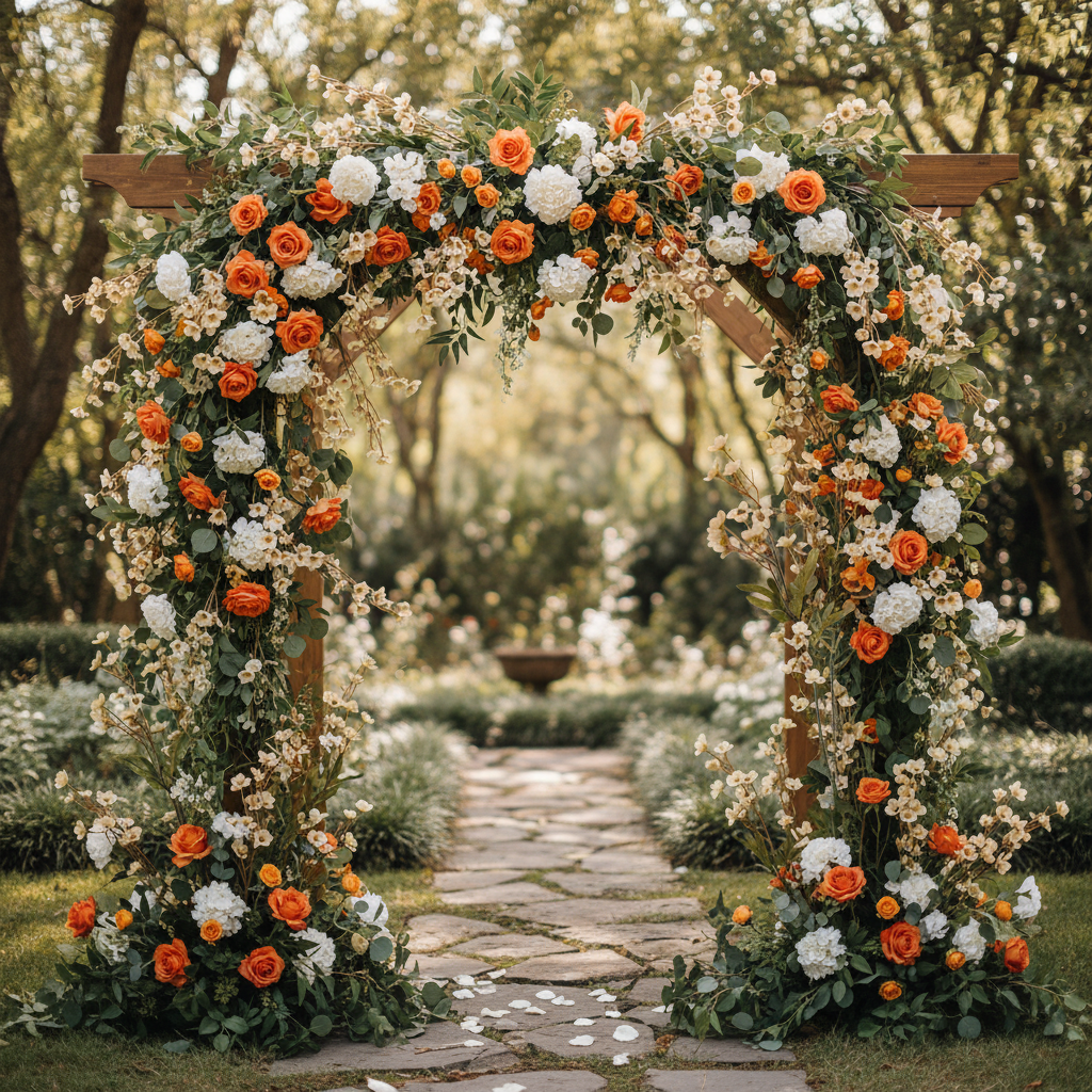 Artificial cream beige dogwood stems woven into romantic wedding arch with vibrant orange roses and white blooms