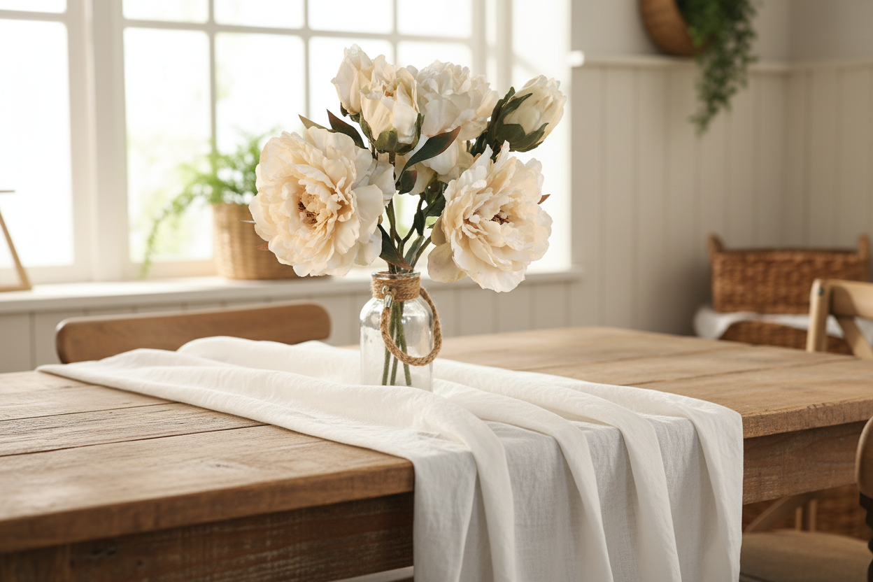 Farmhouse dining table with cream ivory peony stems in glass vase with white linen and natural light