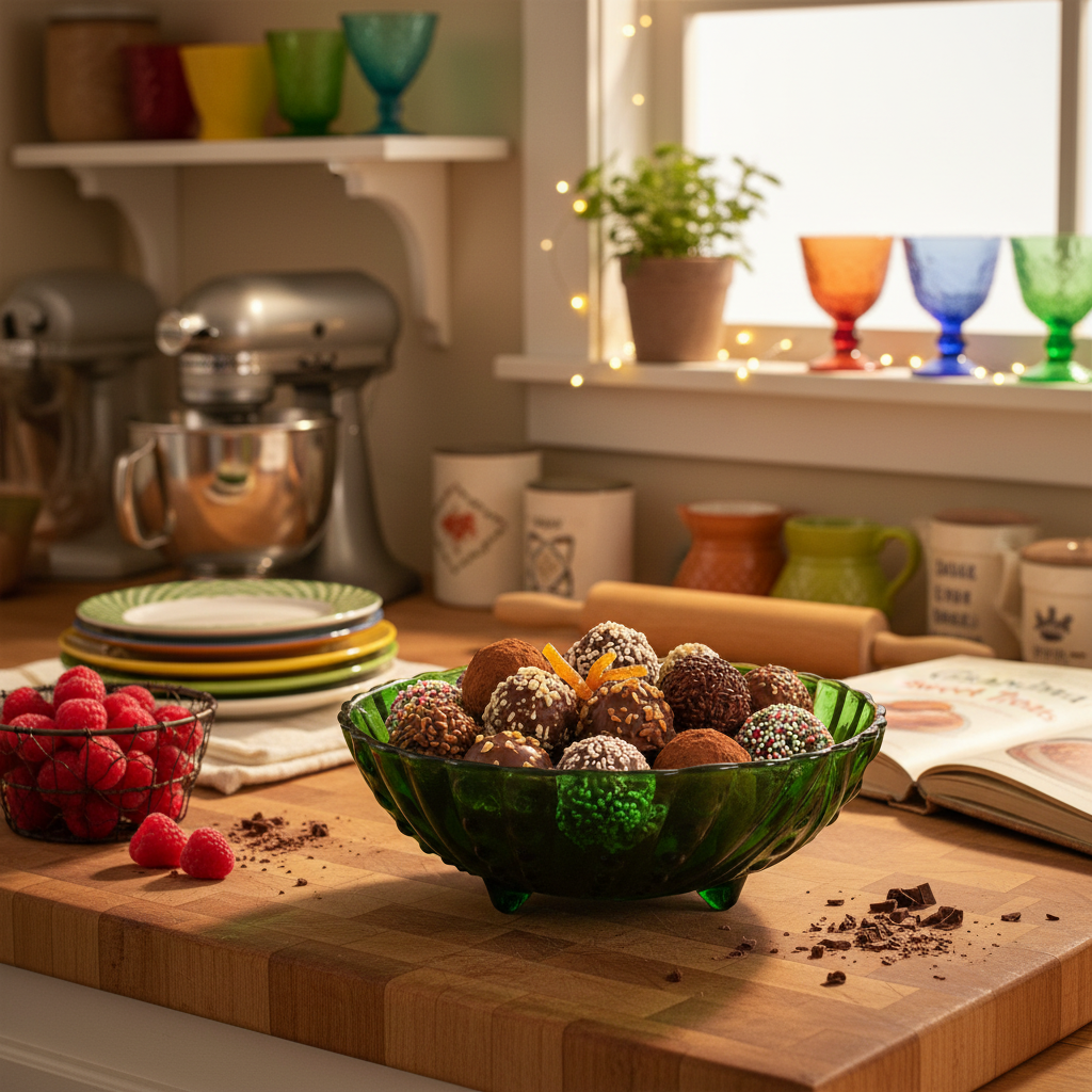 Vintage Anchor Hocking green footed bowl filled with chocolate truffles in cozy kitchen setting, 1950s emerald glass Burple pattern dessert bowl with retro accessories