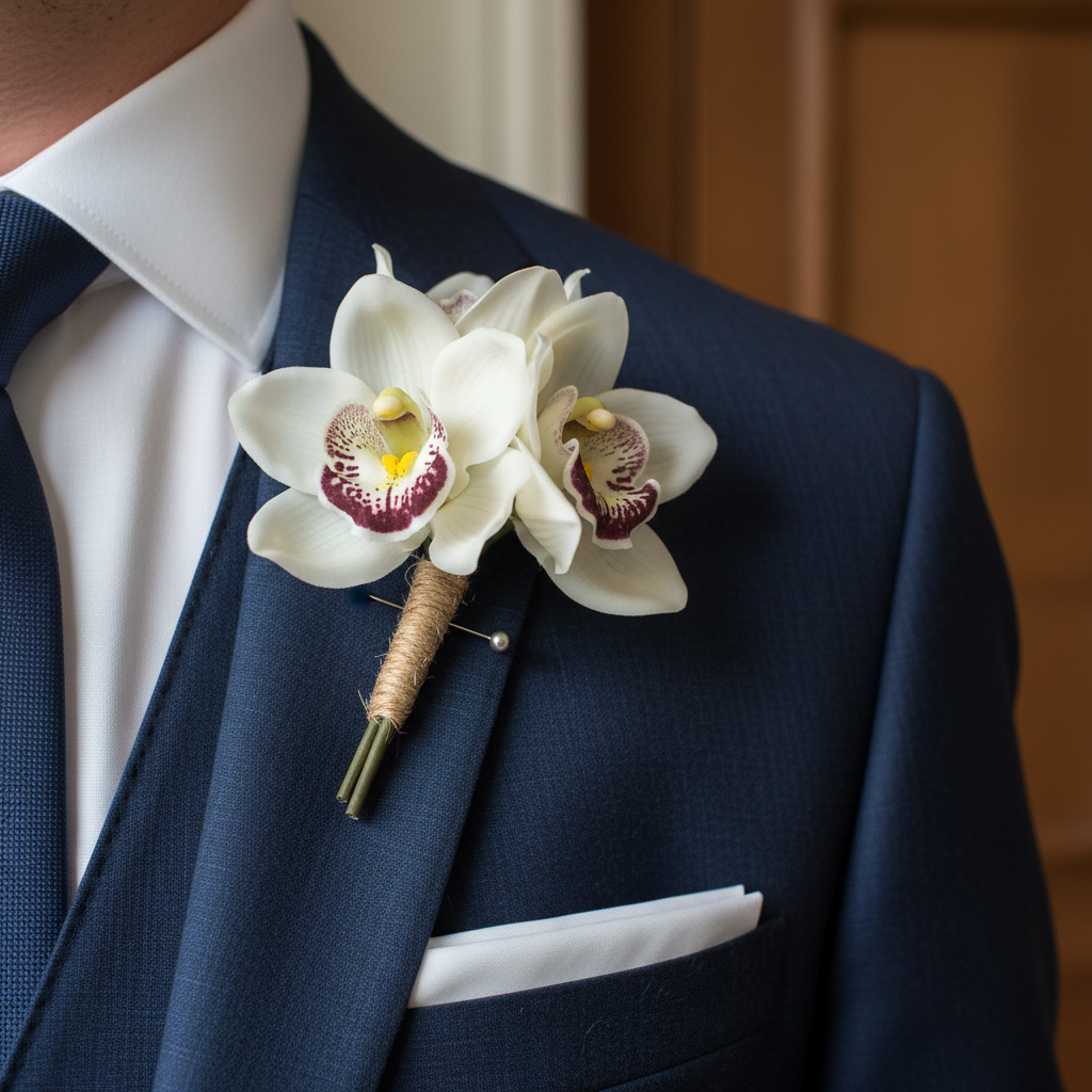Groom's ivory Cymbidium orchid boutonniere pinned on navy blue suit jacket lapel with white pocket square