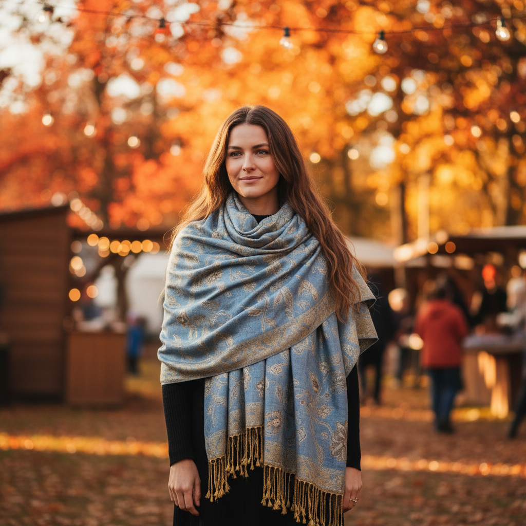 Woman wearing denim blue gold paisley jacquard fringe shawl wrap at outdoor autumn festival golden hour