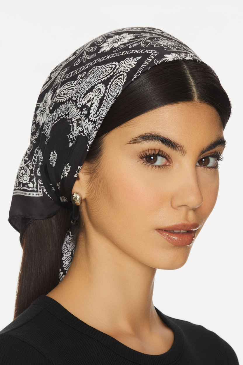Woman with medium skin tone wearing black and white paisley square scarf as a head wrap styled on white background
