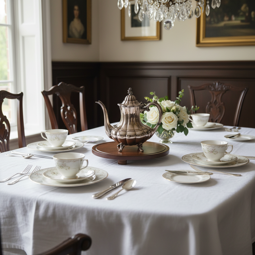 Elegant formal dining table setting with vintage Reed & Barton silver plated teapot centerpiece, fine china teacups, white linen tablecloth