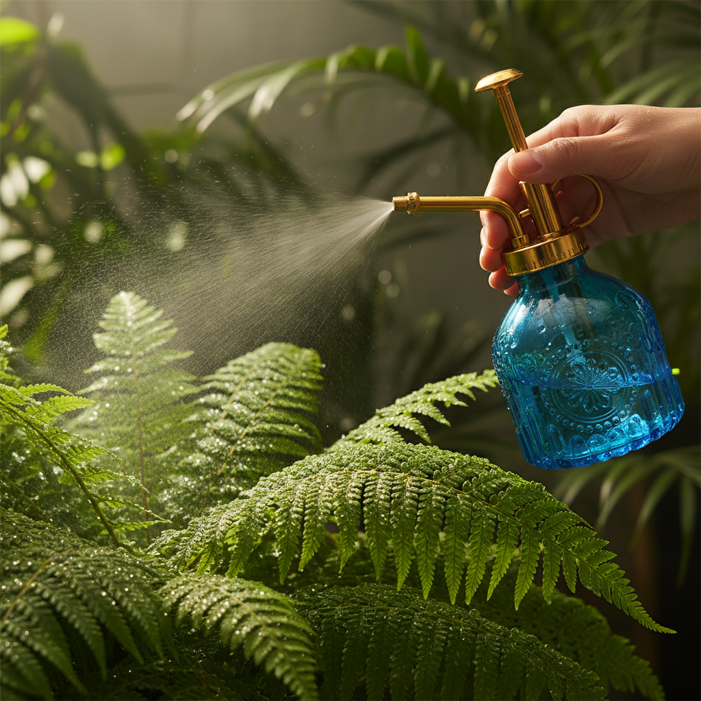 Blue glass mister creating fine mist spray on tropical fern leaves with water droplets