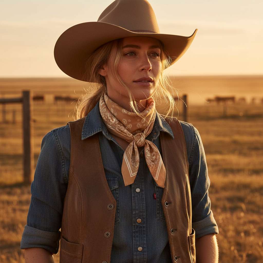 Woman wearing tan paisley wild rag scarf tied at neck on ranch, western cowgirl style golden hour