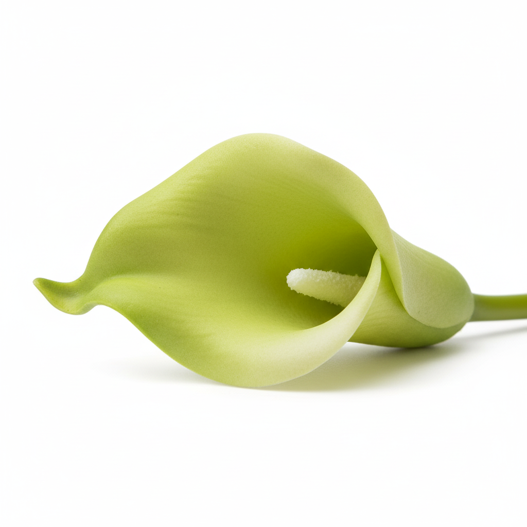 Close-up detail of single artificial lime green calla lily bloom showing real-touch petal texture and white center