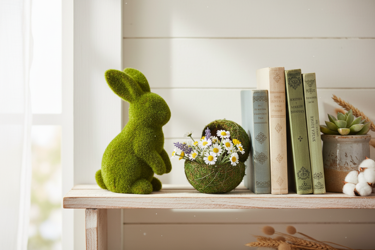 Farmhouse shelf display featuring moss bunny next to vintage books with open moss balls filled with small flowers