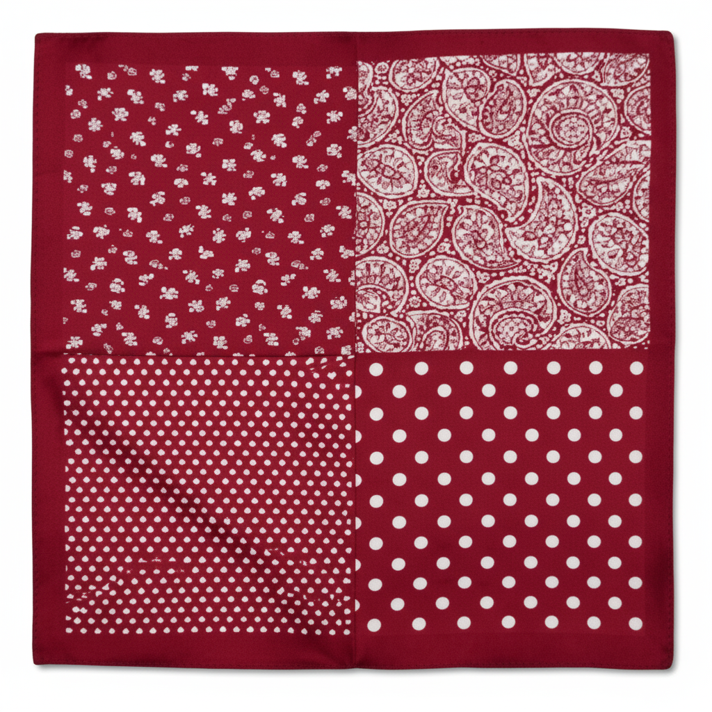 Close-up of bottom-left panel of red patchwork bandana scarf showing tiny pin dot print in red and white satin