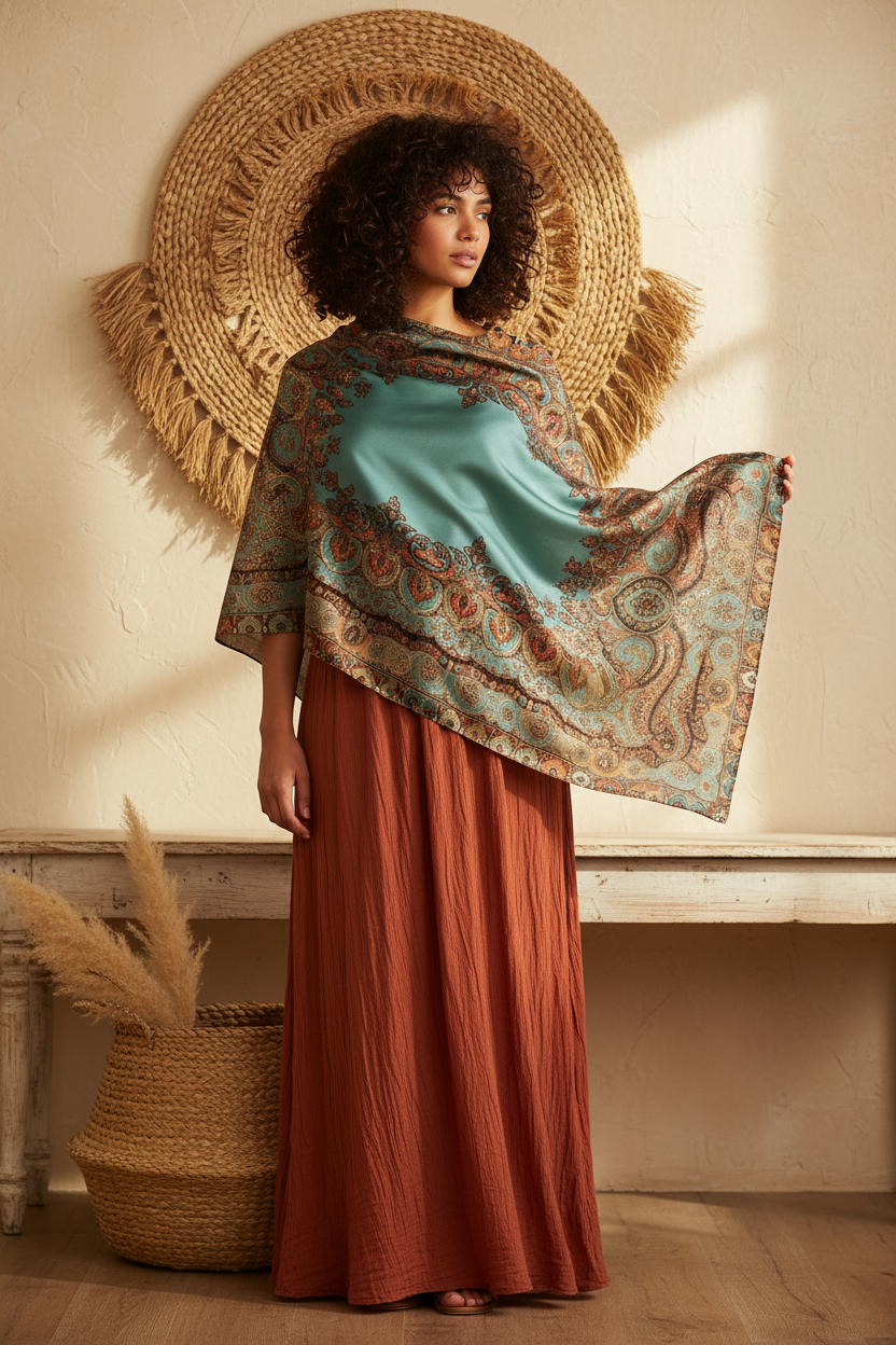 Woman with dark wavy hair wearing teal rust gold paisley satin scarf as a boho shawl over rust maxi dress, plaster wall with woven wall art background