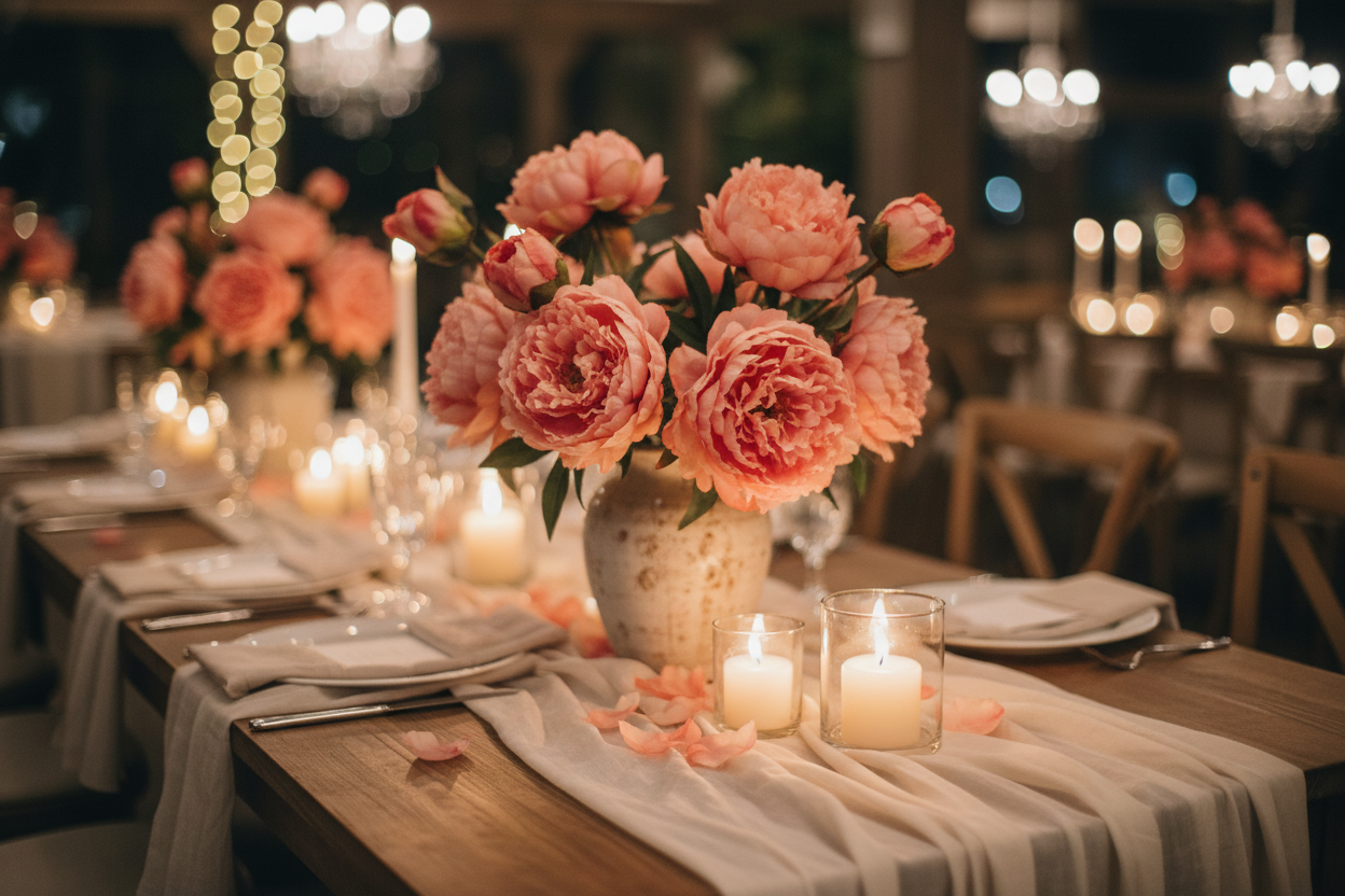 Spring wedding reception centerpiece featuring peach coral peony stems with bud and full bloom in vintage vase with candles