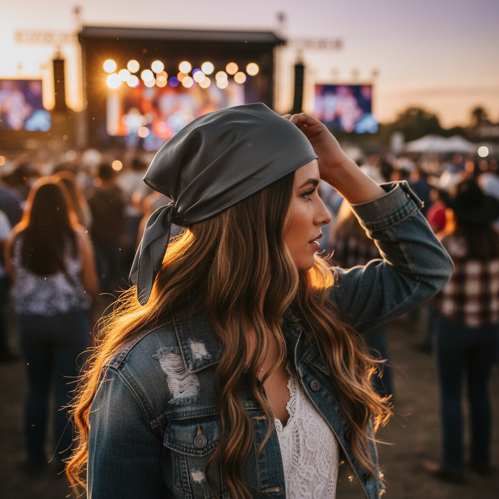 Dark gray wild rag scarf worn as head scarf cowgirl country concert style