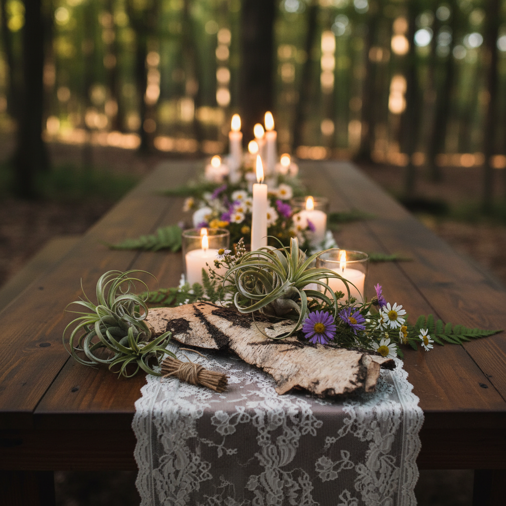 Birch bark sheet as rustic wedding centerpiece base with air plants, twine, and wildflowers on farmhouse table with lace runner