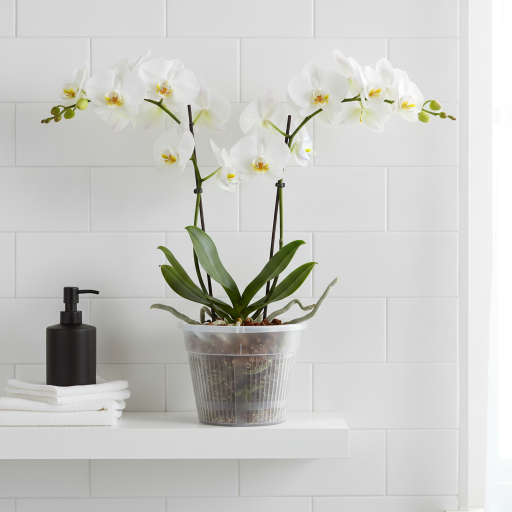 Clear 5 inch slotted orchid pot with open ventilation slits holding a white orchid on a modern bathroom shelf