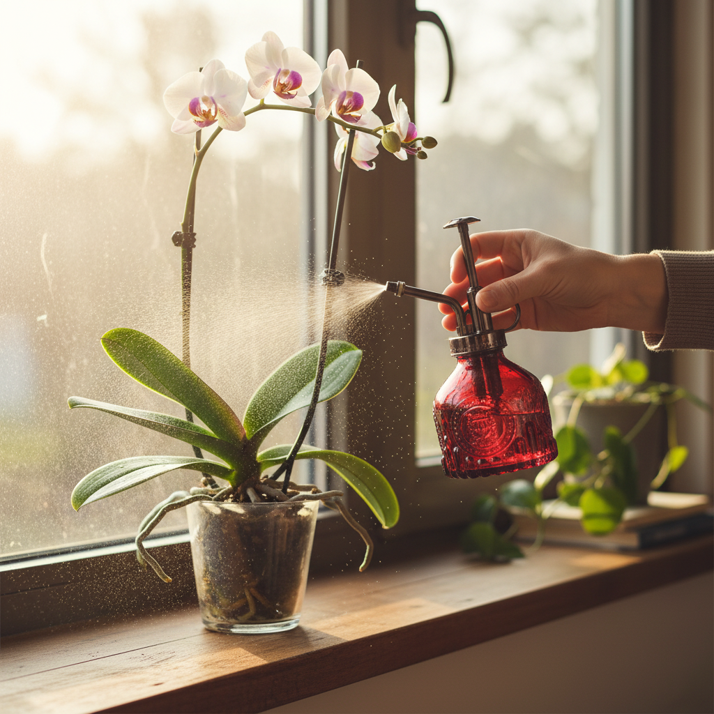 Woman using red glass plant mister to spray orchid on bright windowsill indoor plant care