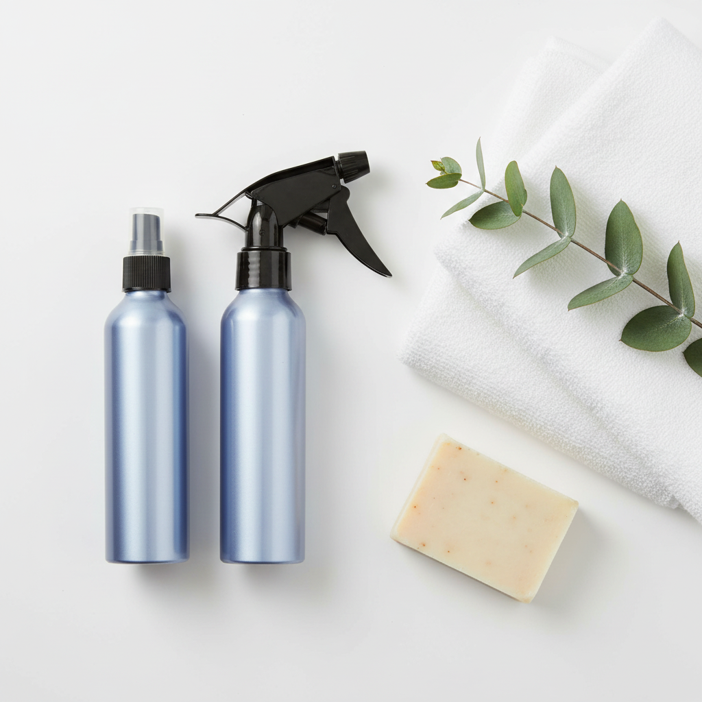Both metallic blue aluminum spray and pump bottles flat lay with white towels artisan soap and eucalyptus, laundry room styling