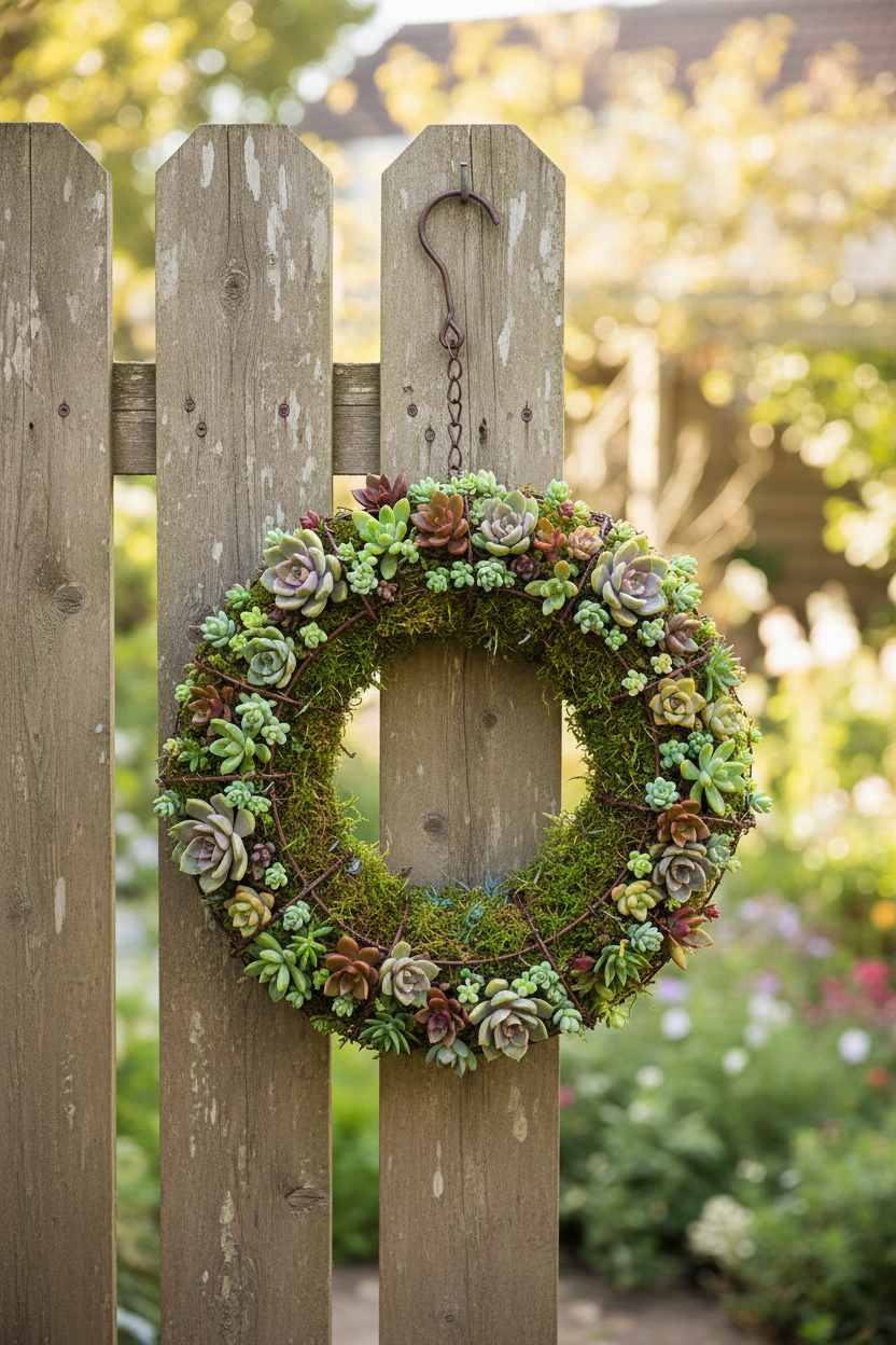 8 inch rustic brown wire wreath basket hanging on a weathered wooden garden gate filled with green moss and succulents covering the outside frame