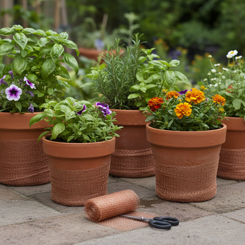 Copper mesh wrapped around potted plants as natural slug barrier on garden patio