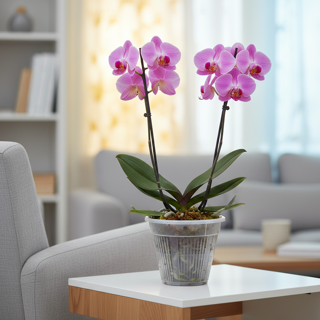 Clear 7 inch slotted orchid pot with open air slits holding a large pink phalaenopsis orchid on a modern living room side table